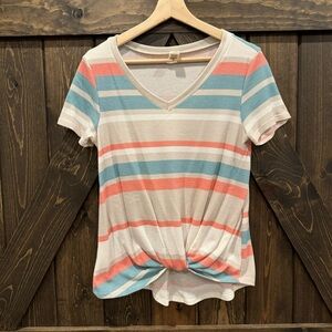 7th Ray striped waffle print top with twist hemline